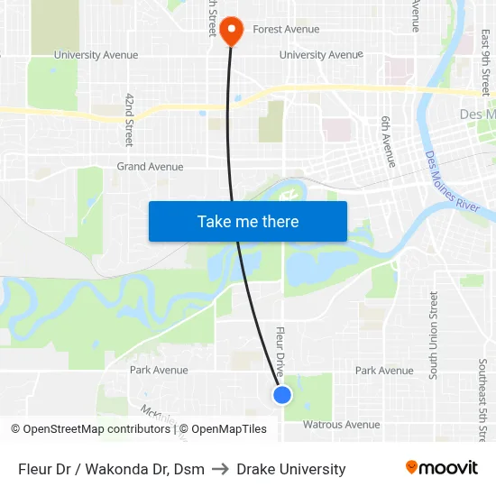 Fleur Dr / Wakonda Dr, Dsm to Drake University map