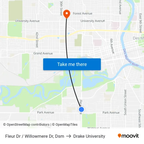 Fleur Dr / Willowmere Dr, Dsm to Drake University map