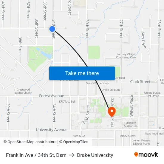 Franklin Ave / 34th St, Dsm to Drake University map