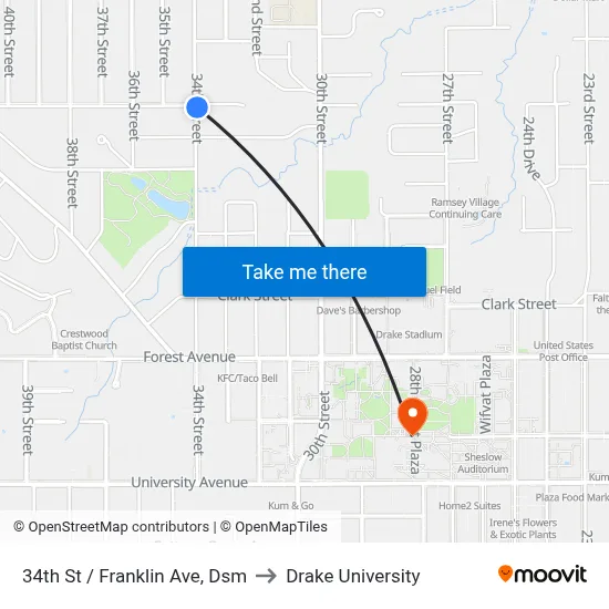 34th St / Franklin Ave, Dsm to Drake University map