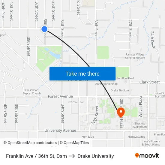 Franklin Ave / 36th St, Dsm to Drake University map