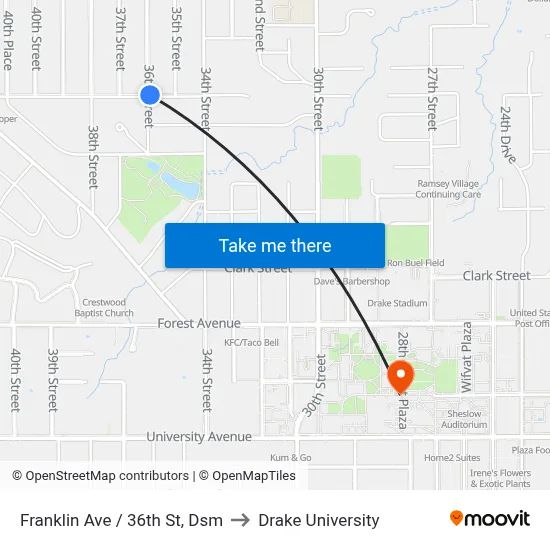 Franklin Ave / 36th St, Dsm to Drake University map