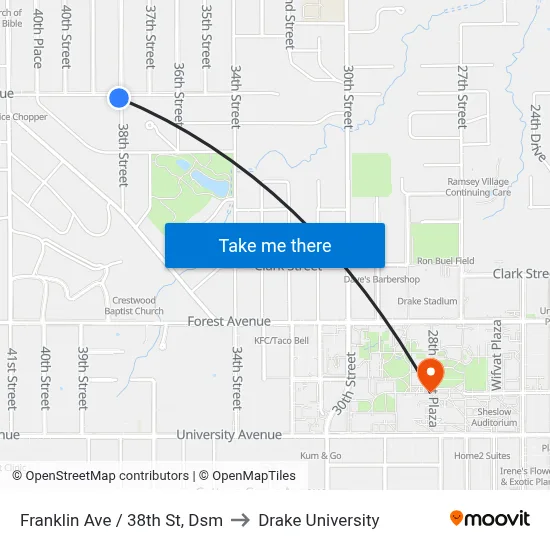 Franklin Ave / 38th St, Dsm to Drake University map