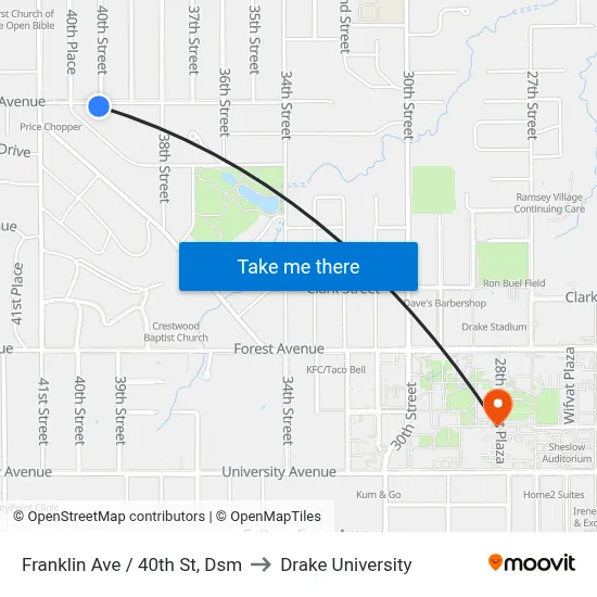 Franklin Ave / 40th St, Dsm to Drake University map