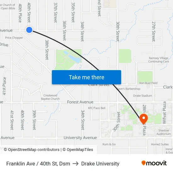 Franklin Ave / 40th St, Dsm to Drake University map