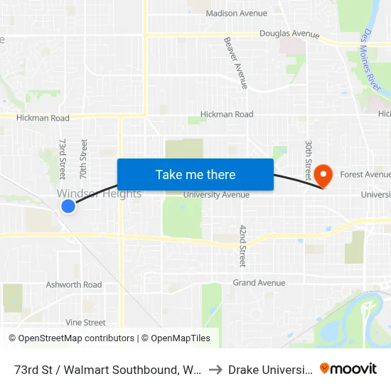 73rd St / Walmart Southbound, Wht to Drake University map