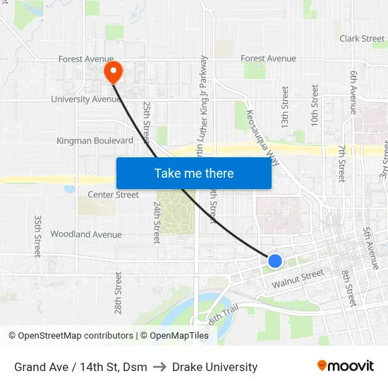 Grand Ave / 14th St, Dsm to Drake University map
