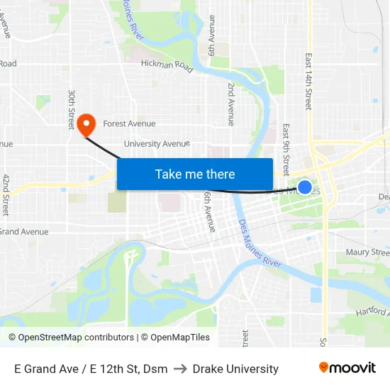 E Grand Ave / E 12th St, Dsm to Drake University map