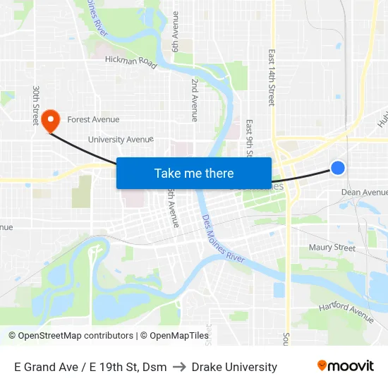 E Grand Ave / E 19th St, Dsm to Drake University map