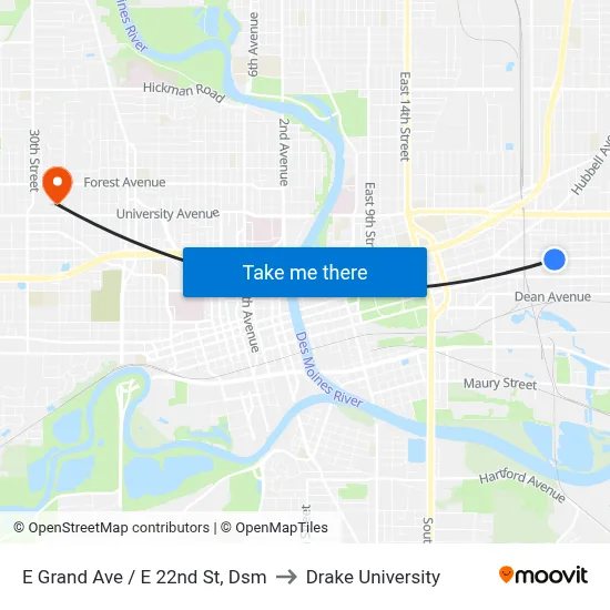 E Grand Ave / E 22nd St, Dsm to Drake University map
