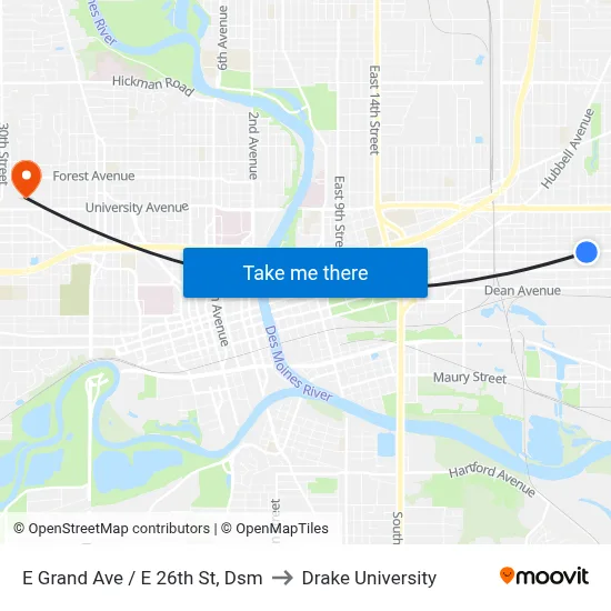E Grand Ave / E 26th St, Dsm to Drake University map