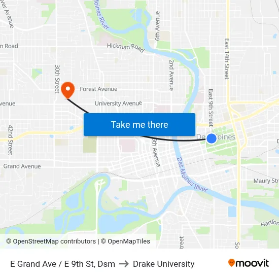 E Grand Ave / E 9th St, Dsm to Drake University map