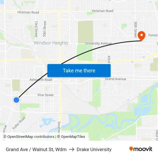 Grand Ave / Walnut St, Wdm to Drake University map