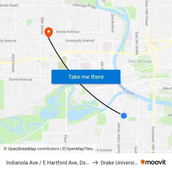 Indianola Ave / E Hartford Ave, Dsm to Drake University map