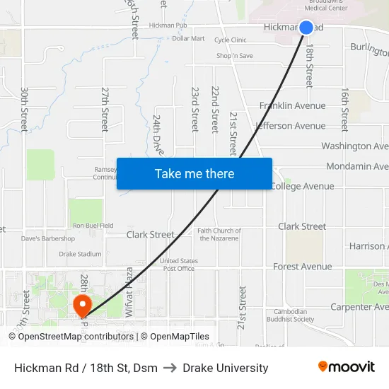 Hickman Rd / 18th St, Dsm to Drake University map