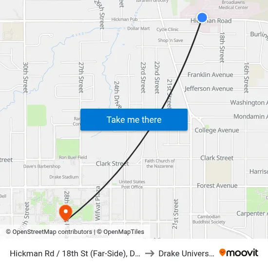 Hickman Rd / 18th St (Far-Side), Dsm to Drake University map