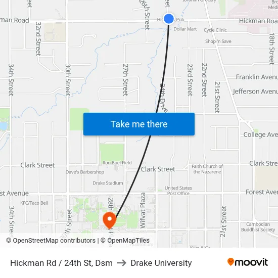 Hickman Rd / 24th St, Dsm to Drake University map