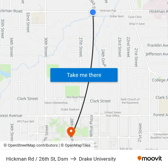 Hickman Rd / 26th St, Dsm to Drake University map