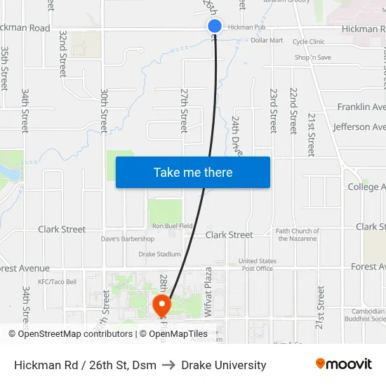 Hickman Rd / 26th St, Dsm to Drake University map
