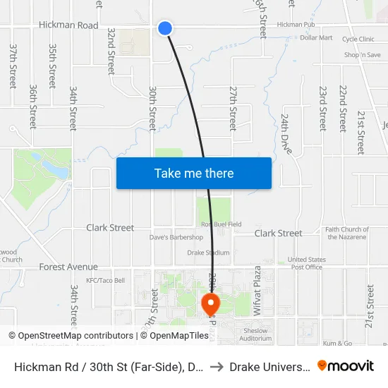Hickman Rd / 30th St (Far-Side), Dsm to Drake University map