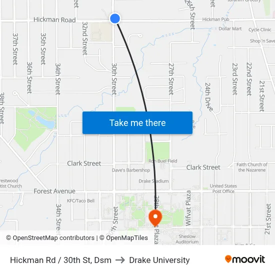 Hickman Rd / 30th St, Dsm to Drake University map