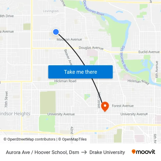 Aurora Ave / Hoover School, Dsm to Drake University map
