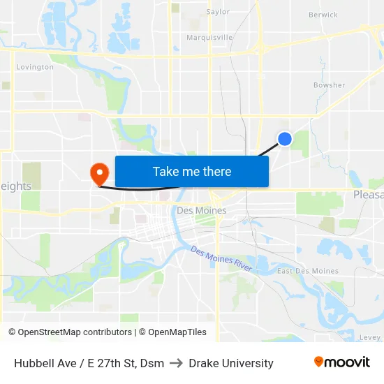 Hubbell Ave / E 27th St, Dsm to Drake University map