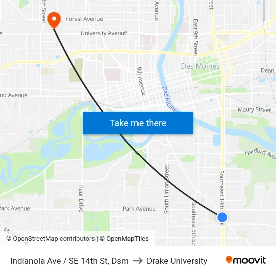 Indianola Ave / SE 14th St, Dsm to Drake University map