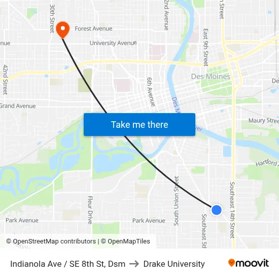 Indianola Ave / SE 8th St, Dsm to Drake University map