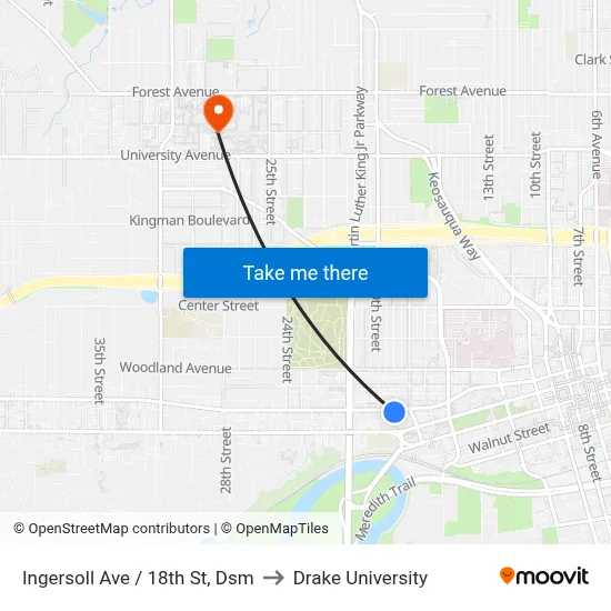Ingersoll Ave / 18th St, Dsm to Drake University map