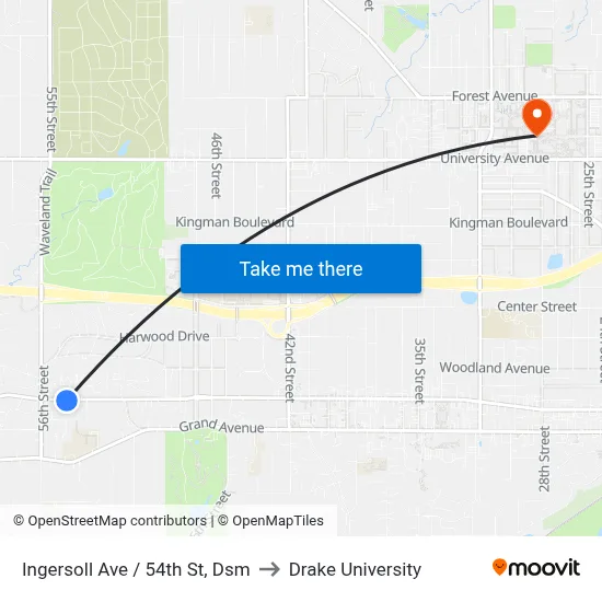 Ingersoll Ave / 54th St, Dsm to Drake University map