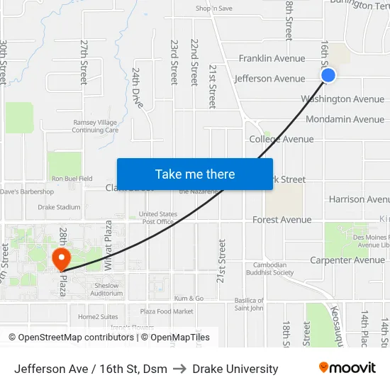 Jefferson Ave / 16th St, Dsm to Drake University map