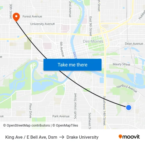King Ave / E Bell Ave, Dsm to Drake University map