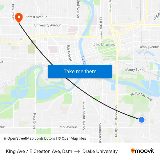 King Ave / E Creston Ave, Dsm to Drake University map