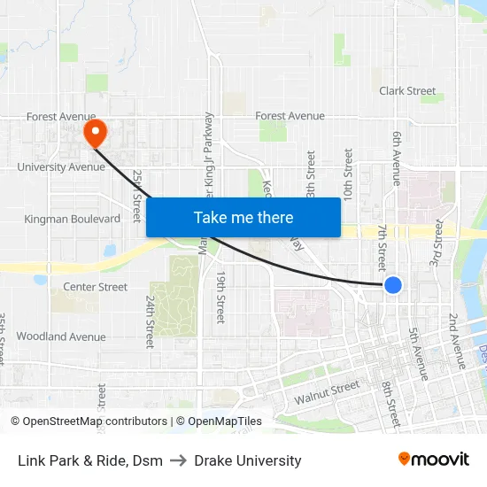 Link Park & Ride, Dsm to Drake University map