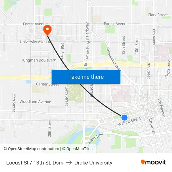 Locust St / 13th St, Dsm to Drake University map