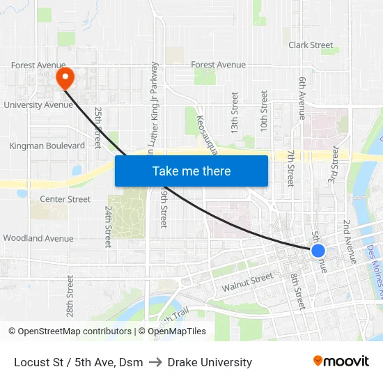 Locust St / 5th Ave, Dsm to Drake University map