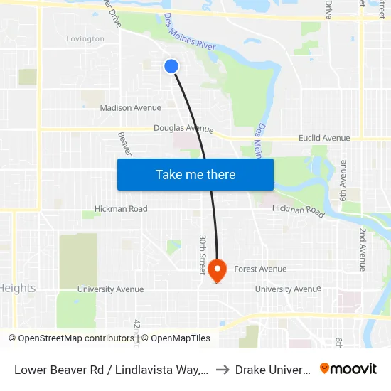 Lower Beaver Rd / Lindlavista Way, Dsm to Drake University map