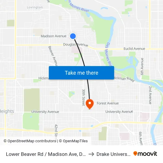 Lower Beaver Rd / Madison Ave, Dsm to Drake University map