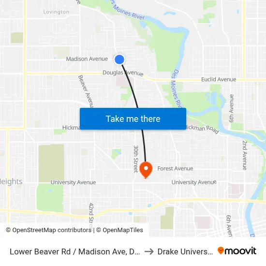 Lower Beaver Rd / Madison Ave, Dsm to Drake University map
