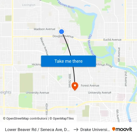 Lower Beaver Rd / Seneca Ave, Dsm to Drake University map
