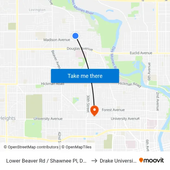 Lower Beaver Rd / Shawnee Pl, Dsm to Drake University map