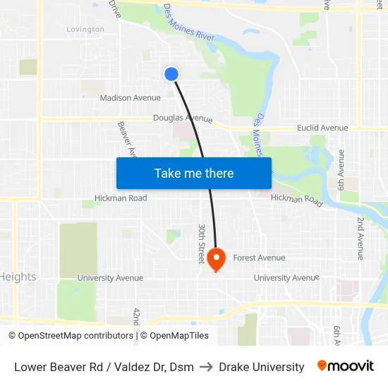 Lower Beaver Rd / Valdez Dr, Dsm to Drake University map