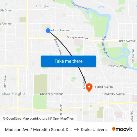 Madison Ave / Meredith School, Dsm to Drake University map