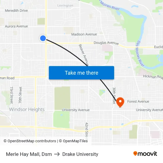 Merle Hay Mall, Dsm to Drake University map