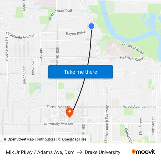 Mlk Jr Pkwy / Adams Ave, Dsm to Drake University map