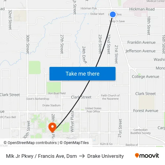 Mlk Jr Pkwy / Francis Ave, Dsm to Drake University map