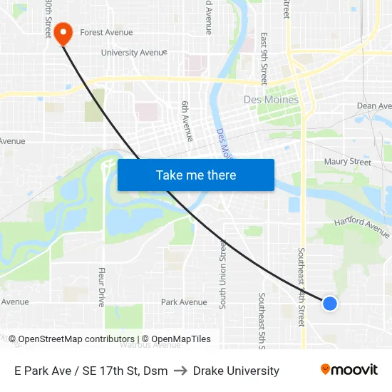 E Park Ave / SE 17th St, Dsm to Drake University map