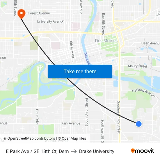 E Park Ave / SE 18th Ct, Dsm to Drake University map