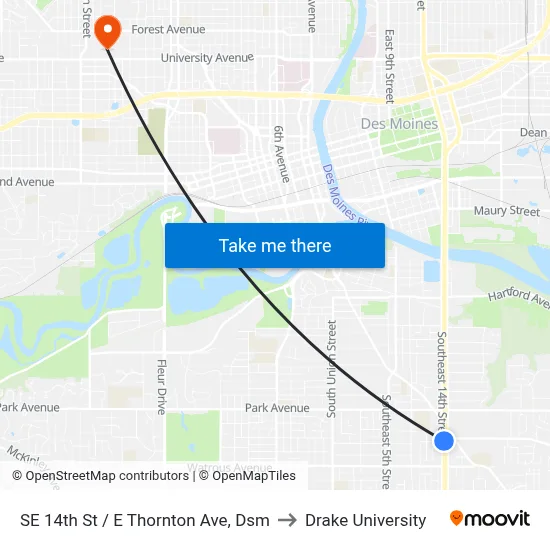 SE 14th St / E Thornton Ave, Dsm to Drake University map